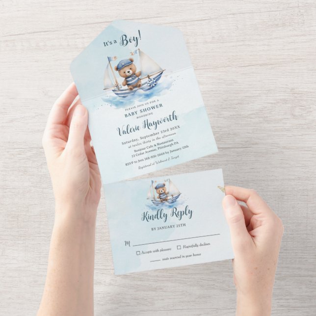 Invitation Tout En Un Cute Teddy Bear Nautical Boat Baby shower (Déchirure)