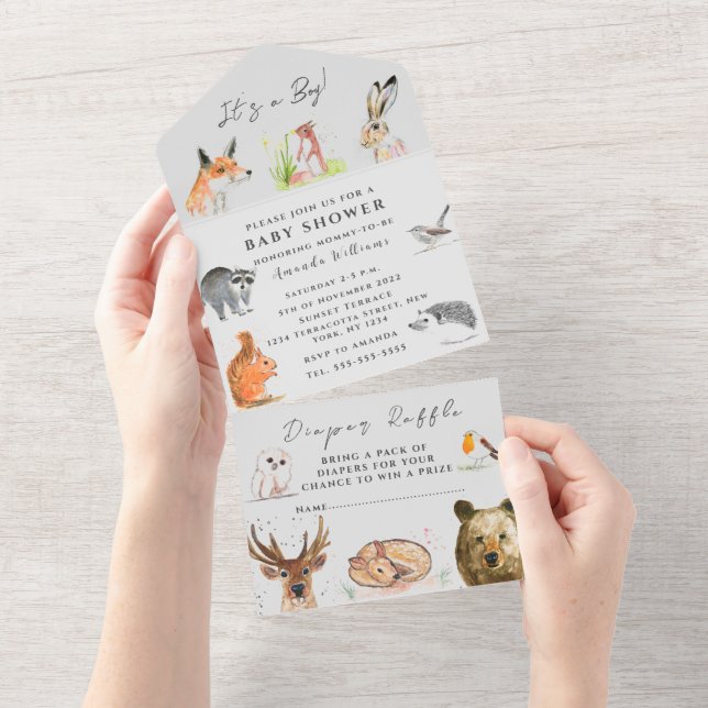 Invitation Tout En Un Cute Woodland Animals C'est un Baby shower garçon (Déchirure)