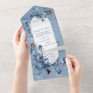 Invitation Tout En Un Cyanotype Fleurs avec papillons visiteurs. Tout