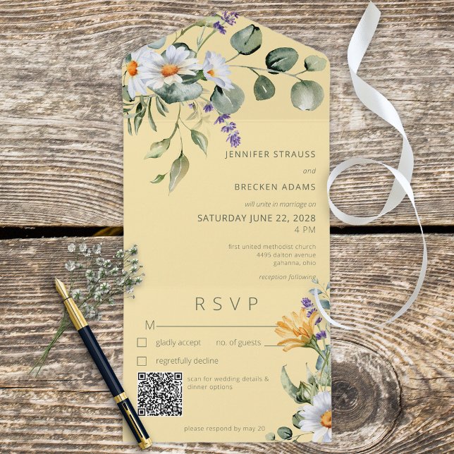 Invitation Tout En Un Daisy rustique & Lavande Floral Jaune QR Code (Créateur téléchargé)