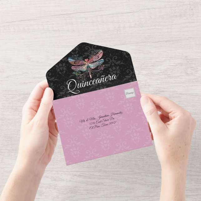 Invitation Tout En Un Damas avec la libellule Quinceañera (Ouverture)