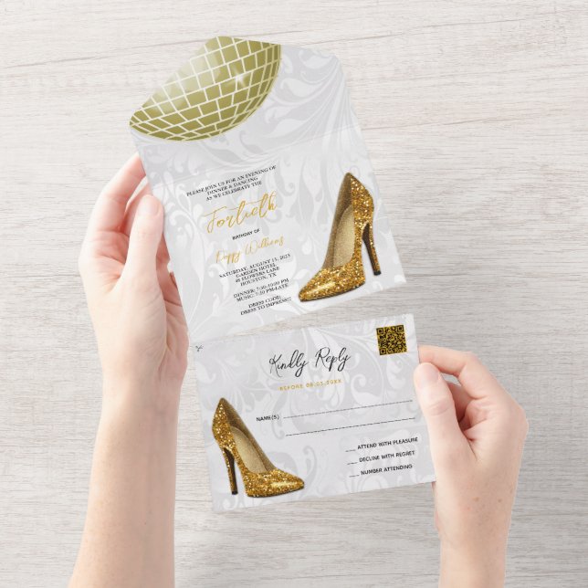 Invitation Tout En Un Damask, Gold Stilettos & Disco Ball 40th QR CODE (Déchirure)