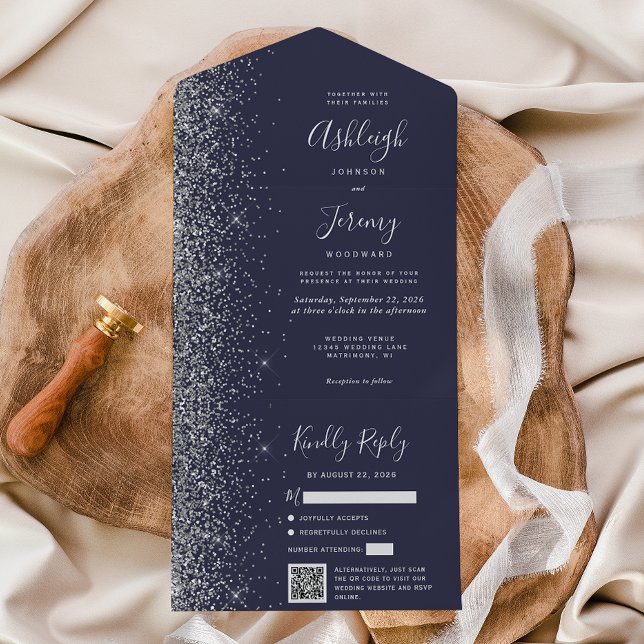 Invitation Tout En Un Dark Blue Silver Glitter QR Code Wedding (Créateur téléchargé)