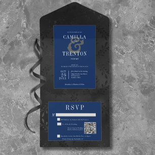 Invitation Tout En Un Dark gothique noir & bleu Floral Satin Code QR