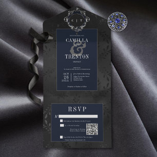 Invitation Tout En Un Dark gothique noir & bleu Floral Satin Code QR