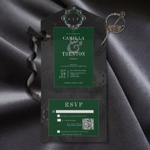 Invitation Tout En Un Dark Gothique Noir & Emeraude Floral Satin Code QR