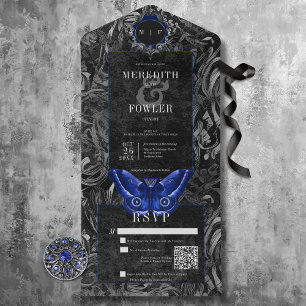 Invitation Tout En Un Dark gothique noir et bleu fibre Moth Code QR
