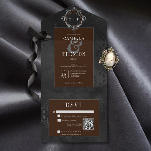 Invitation Tout En Un Dark gothique Noir et Brown Floral Satin Code QR