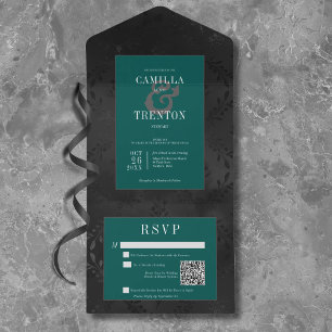 Invitation Tout En Un Dark gothique Noir et Turquoise Floral Satin Code 