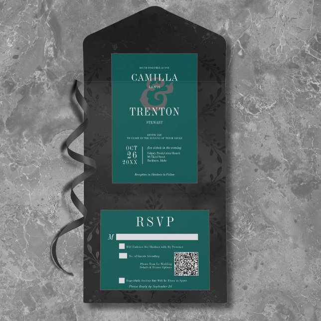 Invitation Tout En Un Dark gothique Noir et Turquoise Floral Satin Code  (Créateur téléchargé)