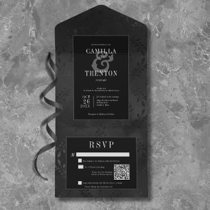 Invitation Tout En Un Dark gothique noir & noir Floral Satin Code QR