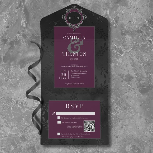 Invitation Tout En Un Dark gothique noir Vin floral satin QR Code (Dark Gothic Black & Purple Floral Satin QR Code All In One Invitation)