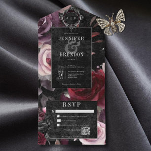 Invitation Tout En Un Dark gothique rose bordeaux & noir floral QR Code