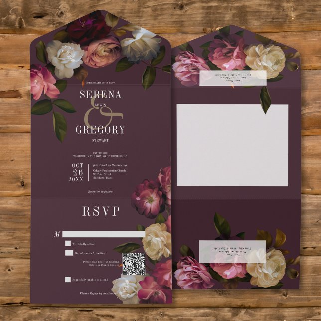 Invitation Tout En Un Dark Moody Pink Burgundy & Cream Peonies Code QR (Dark Moody Pink Burgundy & Cream Peonies All In One Wedding Invitation with QR Code)