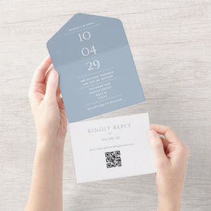 Invitation Tout En Un Date de mariage avec code QR Monogramme Bleu Pouss