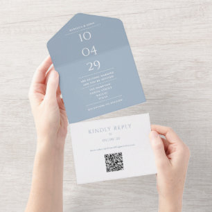 Invitation Tout En Un Date de mariage avec code QR Monogramme Bleu Pouss