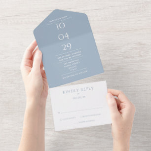 Invitation Tout En Un Date de mariage minimaliste Monogramme Bleu Poussi
