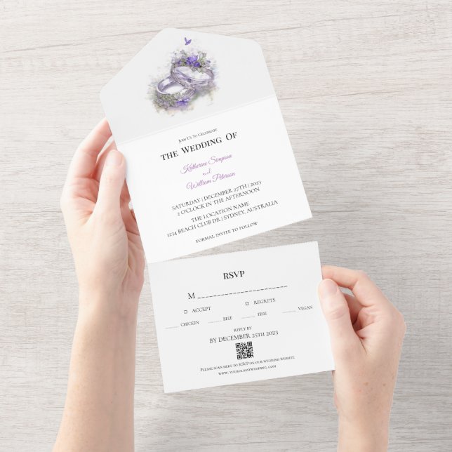 Invitation Tout En Un Déclaration de Mariage moderne Lilac (Déchirure)