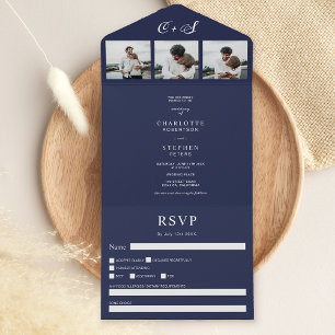 Invitation Tout En Un Décontracté bleu marine initiales  photo mariage