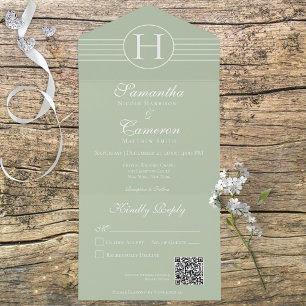 Invitation Tout En Un Décor Monogramme moderne Sage vert QR Code