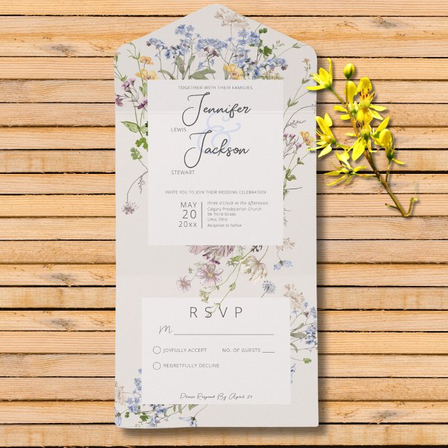 Invitation Tout En Un Délicat Boho Crème Fleur sauvage Pas de dîner (Delicate Boho Wildflowers Cream No Dinner All In One Invitation)