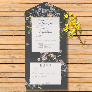 Invitation Tout En Un Délicat Boho Fleur sauvage Charcoal No Dinner