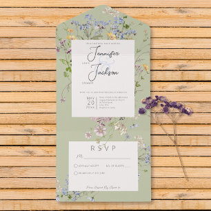 Invitation Tout En Un Délicat Boho Fleur sauvage Sage Green No Dinner