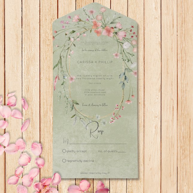 Invitation Tout En Un Délicat Rose Rustique Fleur sauvage Sage No Dinner (Also available with a QR code or with dinner selection options.)