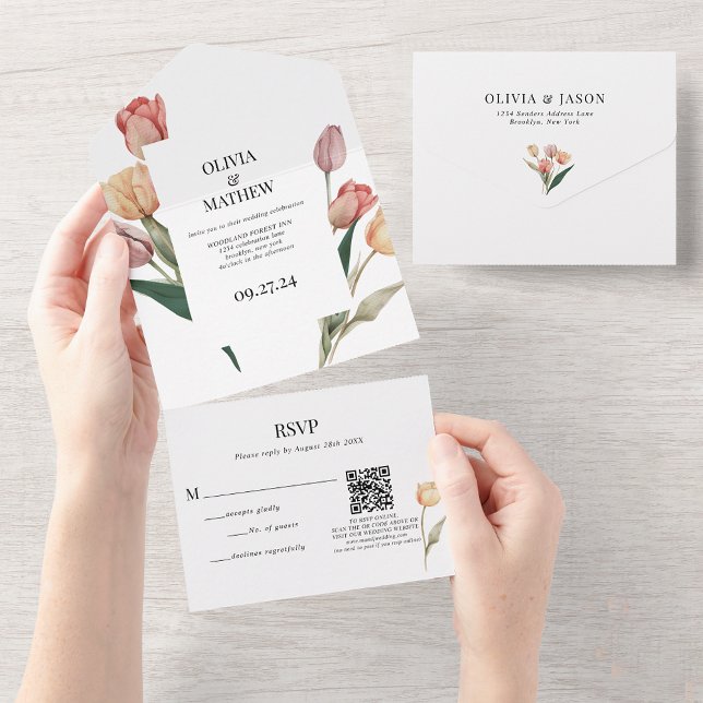Invitation Tout En Un Délicat Tulip Aquarelle Mariage QR Code Rsvp (Créateur téléchargé)