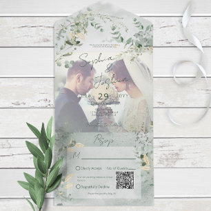 Invitation Tout En Un Délicate verdure moderne Photo QR Code
