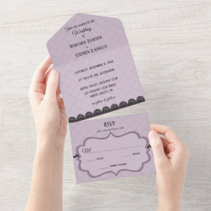 Invitation Tout En Un Dentelle noire sur Lavande douce Mariage personnal