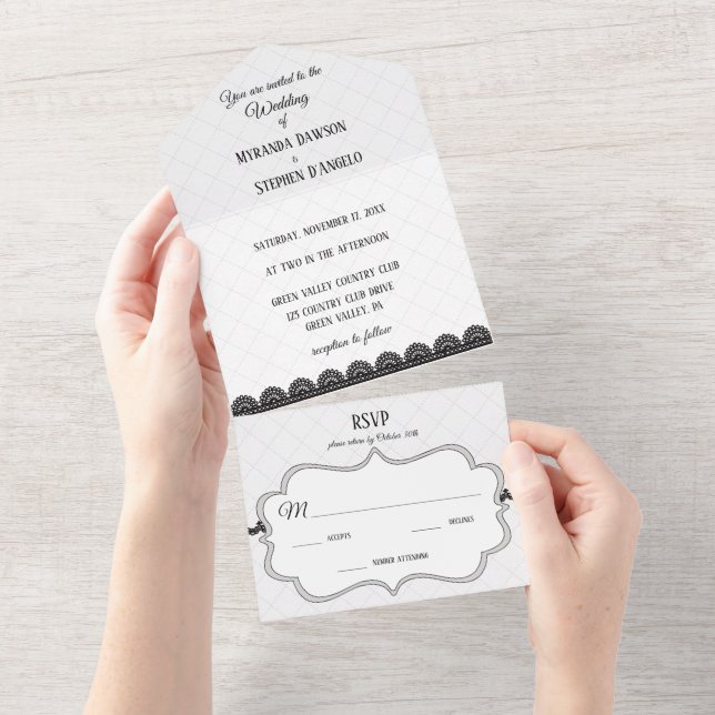 Invitation Tout En Un Dentelle noire sur mariage blanc personnalisé (Déchirure)