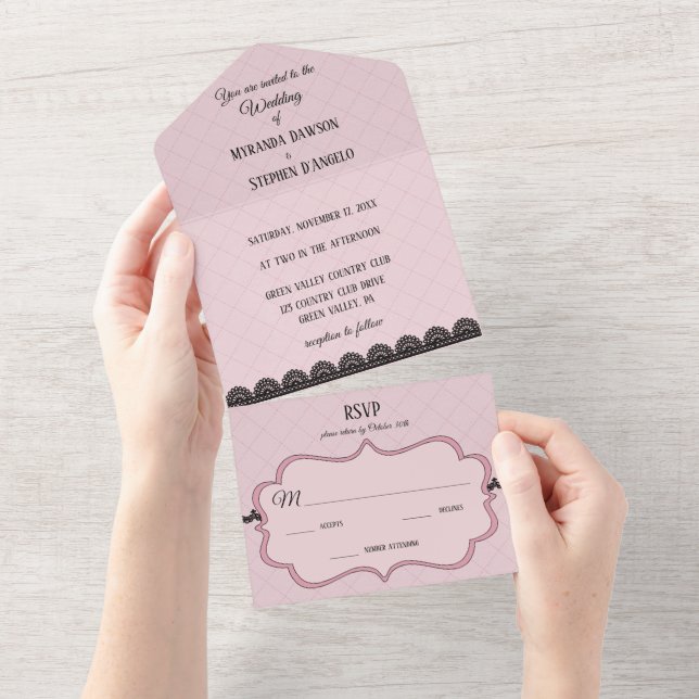 Invitation Tout En Un Dentelle noire sur Soft Pink Mariage personnalisé (Déchirure)