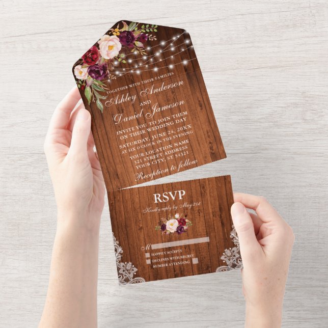 Invitation Tout En Un Dentelle Russe Mariage Bourgogne Floral (Déchirure)