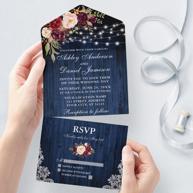 Invitation Tout En Un Dentelle Rustique Mariage Floral Bleu Bois (All In One Wedding Invitation with tear off RSVP Card)