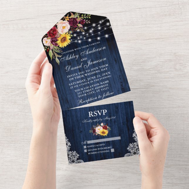 Invitation Tout En Un Dentelle Rustique Mariage Mixte Floral Bleu Lumièr (Déchirure)