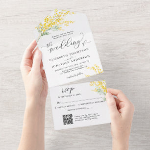 Invitation Tout En Un Détails du Mariage Floral Jaune d'or Code QR RSVP