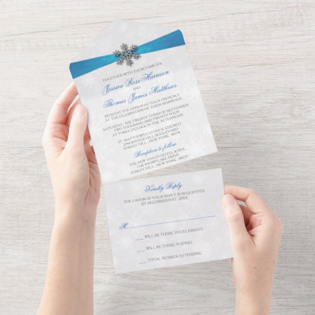 Invitation Tout En Un Diamante Snowflake & Blue Ribbon Mariage d'hiver (Déchirure)
