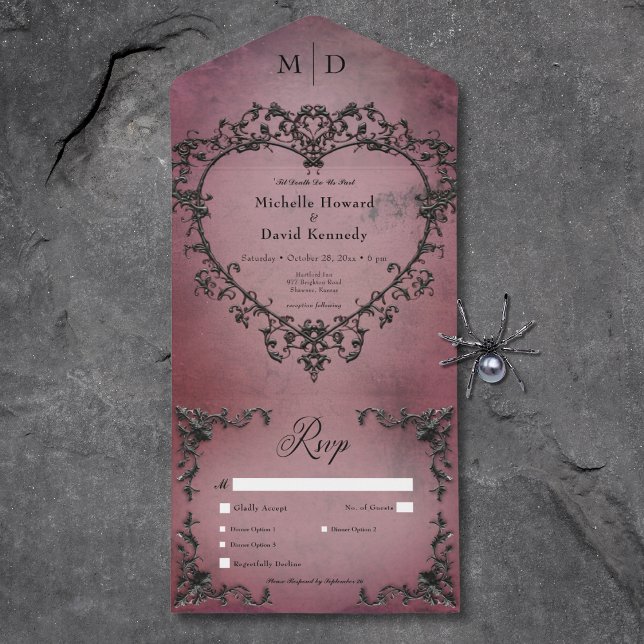 Invitation Tout En Un Dîner de coeur gothique noir et bordeaux (Gothic Black & Burgundy Filigree Heart Dinner All In One Invitation)