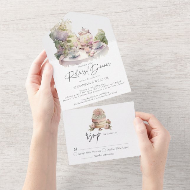 Invitation Tout En Un Dîner de répétition élégant aquarelle Jardin (Déchirure)