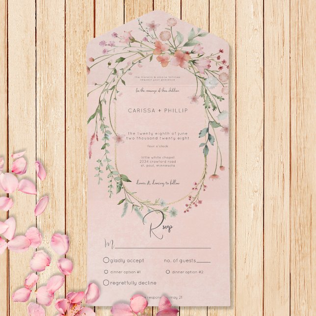 Invitation Tout En Un Dîner Délicat Fleur sauvage Rustique Rose Blush (Also available with a QR code or without dinner selection options.)