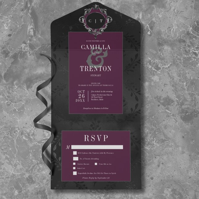 Invitation Tout En Un Dîner en Satin Floral Vin Noir Gothique Sombre (Dark Gothic Black & Purple Floral Satin Dinner All In One Invitation)