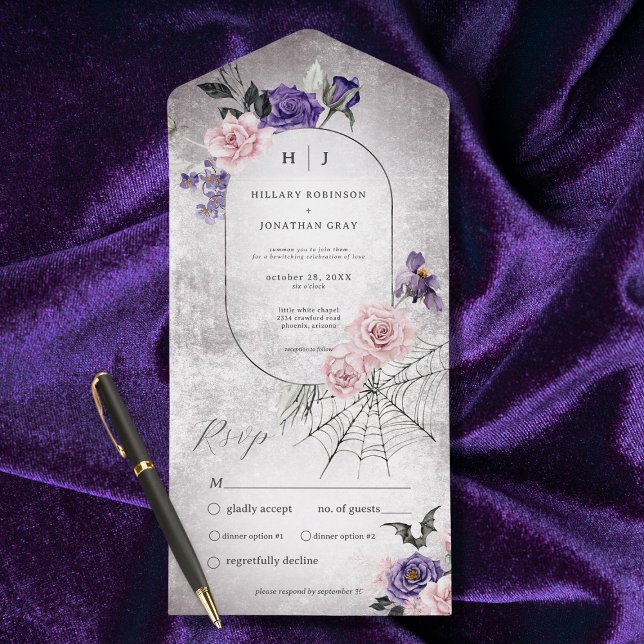 Invitation Tout En Un Dîner gothique d'Halloween rose et violet (Also available with a QR code or without dinner selection options.)