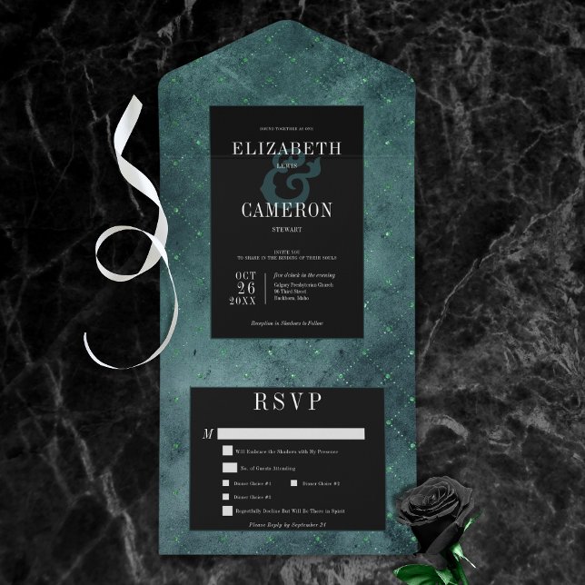 Invitation Tout En Un Dîner gothique foncé Turquoise et noir Diamant Vin (Dark Gothic Teal & Black Vintage Diamond All In One Wedding Invitation with Dinner Options)