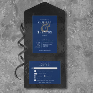 Invitation Tout En Un Dîner Gothique Noir & Bleu Floral Satin