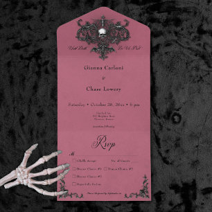 Invitation Tout En Un Dîner Gothique Noir & Bourgogne Halloween Filigree