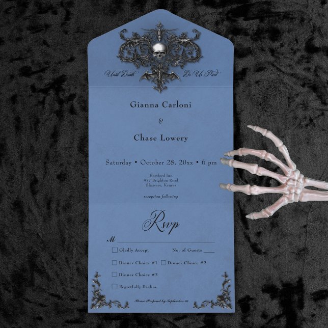 Invitation Tout En Un Dîner gothique noir et bleu Halloween Filigree (Gothic Black & Blue Halloween Filigree Dinner All In One Invitation)
