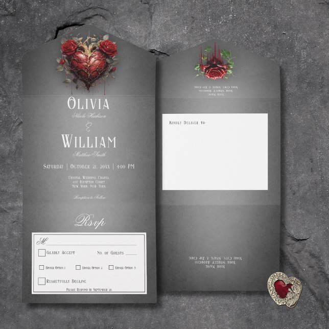 Invitation Tout En Un Dîner gothique noir foncé Coeur et Roses rouges (Gothic Black Dark Heart & Red Roses All In One Wedding Invitation with Dinner Options)