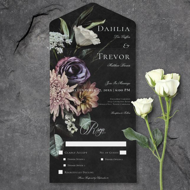 Invitation Tout En Un Dîner Gothique Sombre Mystérieux Floral Muté (Dark Gothic Mysterious Muted Floral Dinner All In One Invitation)