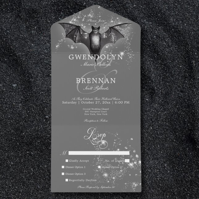 Invitation Tout En Un Dîner Halloween noir chauve-souris et diamants (Dark Halloween Glam Bat & Diamonds Dinner All In One Invitation)